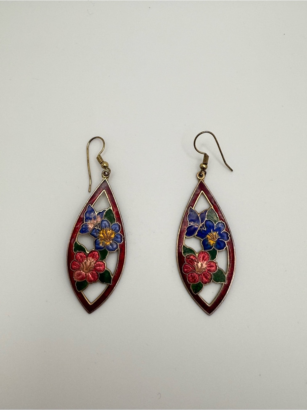 Floral Cloisonné Drop Earrings in Red, Blue and Green